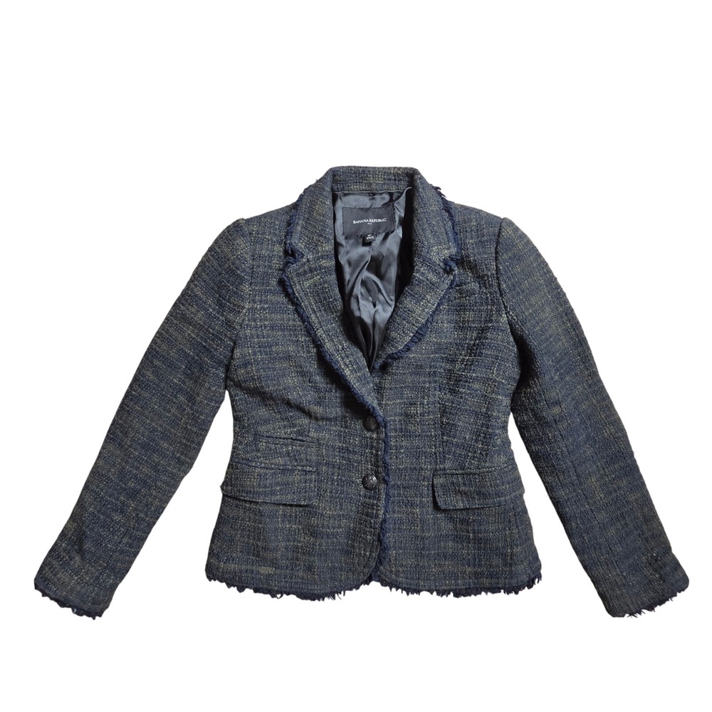 Banana Republic Boucle Tweed Fringed Trim Blazer Jacket Petite 2P Corpcore